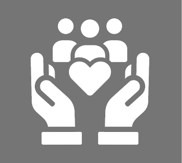Hands holding heart and people icons.