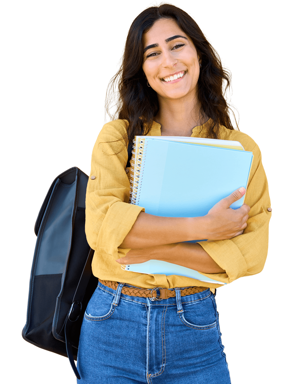Smiling woman holding notebooks and backpack.