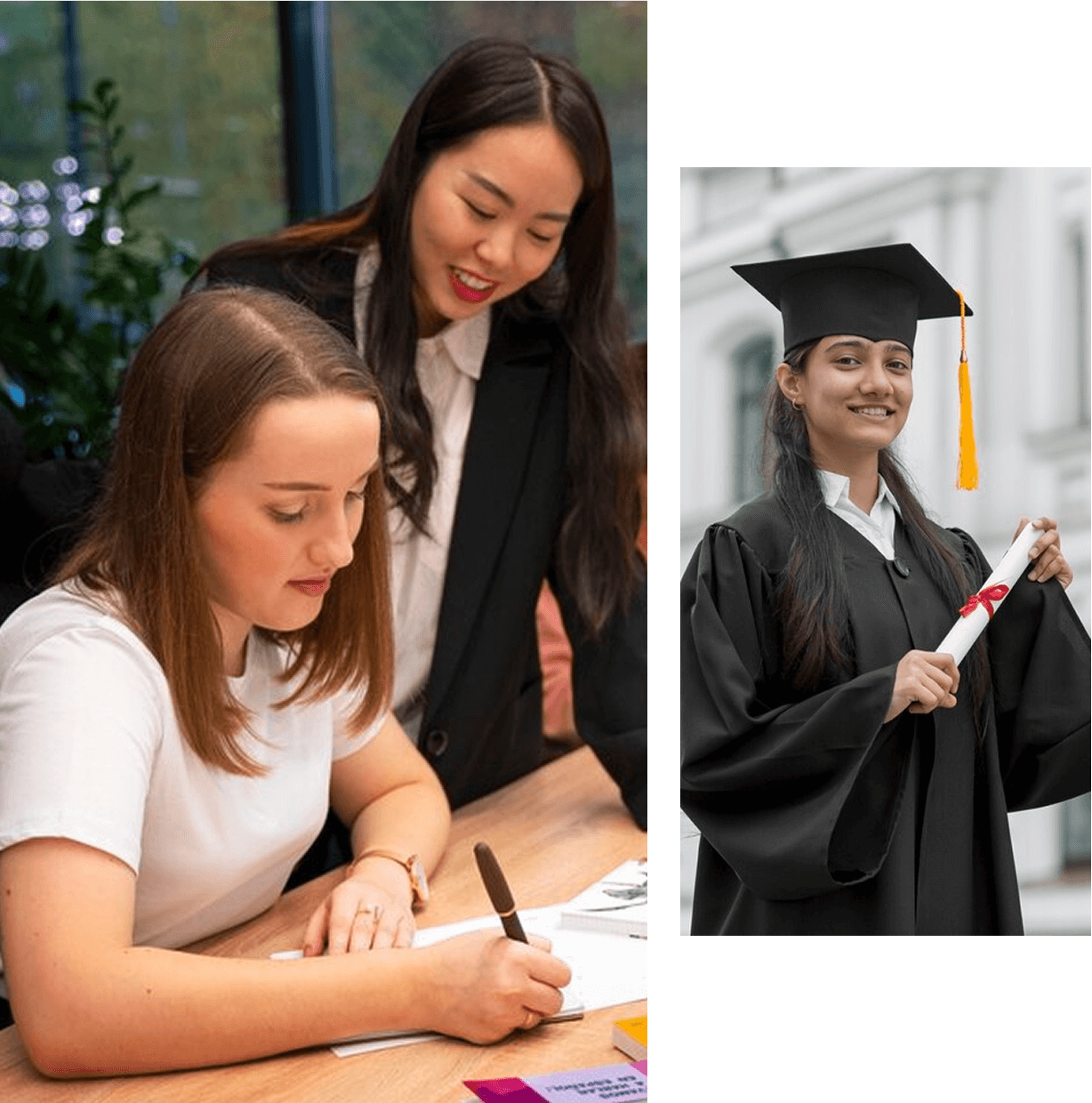 Students studying and a graduate holding diploma.